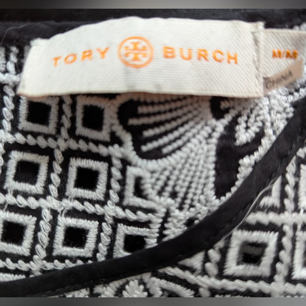 Tory Burch Hopewell Cotton Black Cotton Dress with White Lace Embroidery
